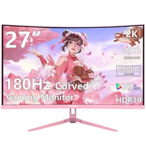 Raywego Pink 27 inch Curved Gaming Monitor 180Hz,QHD 1080P,1800R LED Display,Pink Computer Monitor,1ms (MPRT),FreeSync,Eye-Care Technology, DP, HDMI Port for Gaming Home Office,VESA(75mm×75mm)