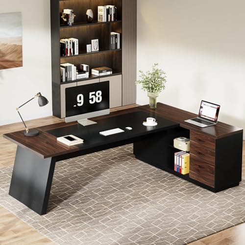 Tribesigns 78" L-Shaped Executive Desk, Large Office Desk with Drawers and File Cabinet, Modern Business Furniture for Home Office (Walnut & Black) 5