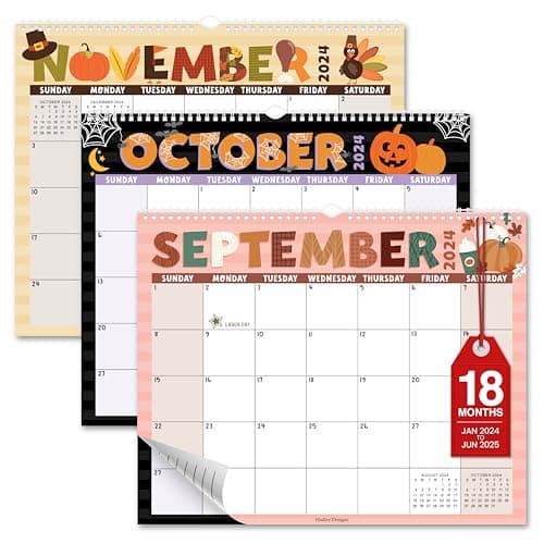 Hadley Designs Wall Calendar 2024-2025 – 18-Month Hanging Calendar 2025-2026 for Family, Home, School, & Office, Spiral Bound with Large Date Blocks & Notes Sections (Doodle)