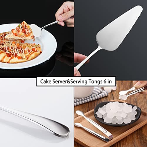 IAXSEE 6 PCS Stainless Steel Serving Utensils, Large Serving Spoons Slotted Spoons, Forks, Ice Suger Tongs, Cake Server, Soup Ladle, Metal Utensils Set Great for Buffet Catering Banquet Party, Silver 5