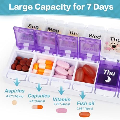 Shintop Am Pm Pill Organizer 7 Day, Push Button Weekly Pill Box 2 Times Removable Lid Medication Case Easy Fill Day Night Vitamin Container for Fish Oil Supplements (Purple & White) 5