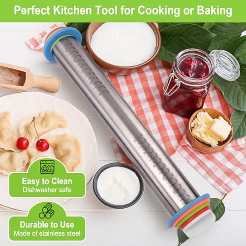 Adjustable Rolling Pin with Thickness Rings for Baking, Stainless Steel Designs Dough Roller Pins for Cookie Decorating Baking Supplies Fondant Cake Baker 5