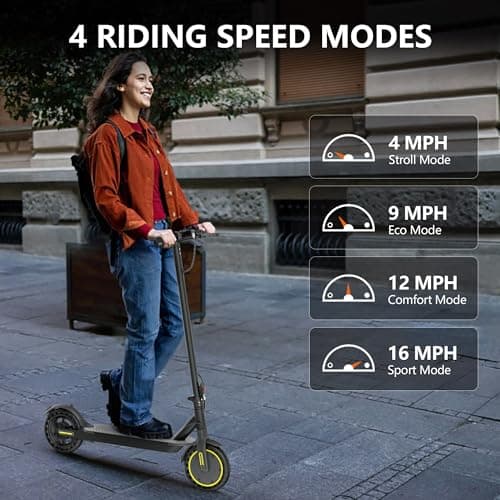 Electric Scooter, 350W Peak Motor, Up to16 MPH, 16 Miles Long-Range, 8.5" Solid Tires, Dual Suspension, EABS Braking, APP Control, Yellow Commuting Foldable E-Scooter for Adults 8