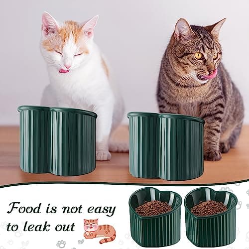 Mumufy 2 Pcs Ceramic Elevated Cat Bowls Tilted Elevated Raised Pet Bowls Anti Vomit Cat Dish for Indoor Stress Free Water Dish Feeder for Puppies, Heart Shaped(Peacock Green) 6