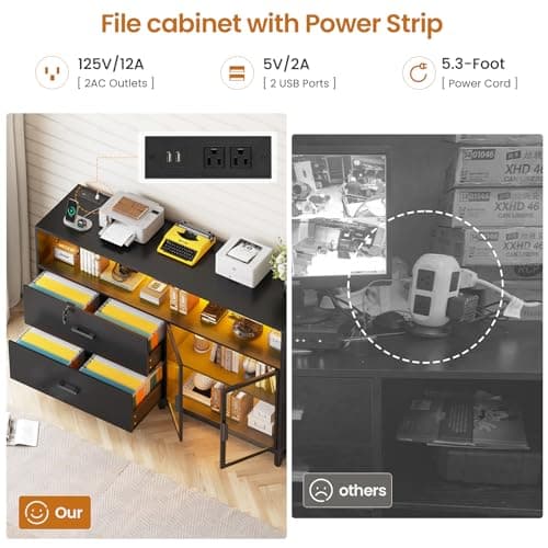 SEDETA 59" File Cabinet, 2 Drawers Filing Cabinets for Home Office fit Legal/Letter/A4 File, File Cabinet with Lock & Power Outlets, Printer Stand with Storage & LED Lights, Black 5