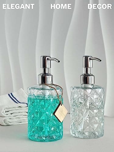 JASAI 2Pack Diamond Embossed Glass Soap Dispenser with 304 Rustproof Stainless Steel Pump, 12 OZ Bathroom soap Dispenser with A Wooden Tag, Elegant Hand Soap Dispenser for Bathroom & Kitchen 6