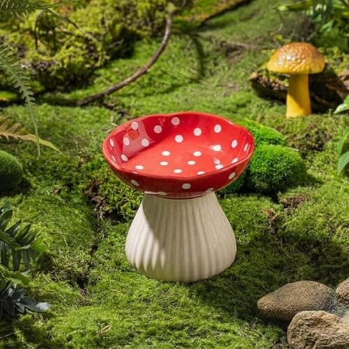 Whimsicalfox Raised Cat Bowl, Cute Mushroom Pet Feeder, Elevated Small Dog Food Bowl, Ceramic Raised Pet Bowls for Food and Water, Wide Shallow Cat Dish, Whisker Fatigue (Red)
