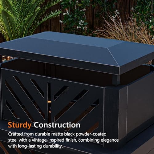 Outdoor Fireplace with Chimney and Wood Storage, Metal Wood Burning Fire Pit with Heat Resistant Gloves, Fire Poker and Grill Mesh, Outside Fireplace for Patio, Garden and Deck, Black 7