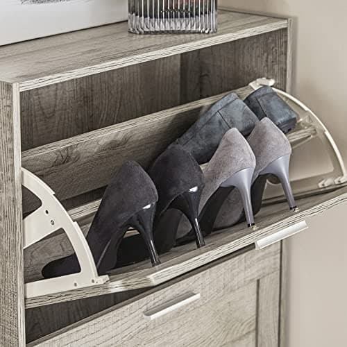 Haotian Enclosed Shoe Rack for Entryway, Narrow Shoe Cabinet with 2 Flip Drawers, Slim Shoe Storage Organizer for Hallway or Small Spaces, Grey, FSR137-HG 9