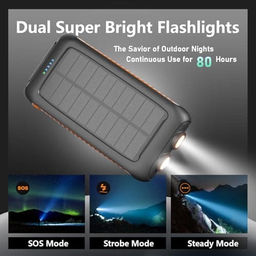 Solar Charger Power Bank 49,800mAh Portable Solar Phone Charger with 2 USB-A and Type-C Interface, 15W Fast Charging for iPhone, Samsung etc. Portable Battery Charger with Dual Flashlight for Camping 6