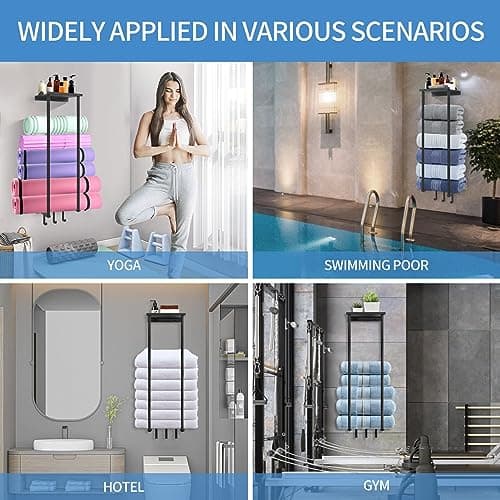 HOTNIU Towel Racks for Small Bathroom Wall Mounted, Vertical Towel Storage with Metal Shelf and 3 Hooks, Bath Towel Rack for Rolled Towels, Black Towel Holder for Large Bath Sheets Towels 9