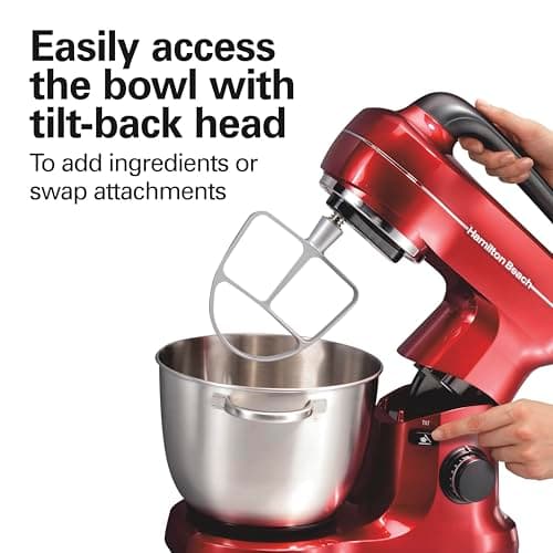 Hamilton Beach Electric Stand Mixer, 4 Quarts, Dough Hook, Flat Beater Attachments, Splash Guard, 7 Speeds with Whisk, Easy-Carry Top Handle, Red 7