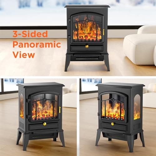 COWSAR Electric Fireplace Stove, Freestanding Fireplace Heater with Realistic Flame, 1000/1500W Fireplace Heater, Overheating Safety Device, Thermostat, Adjustable Flame Brightness 6