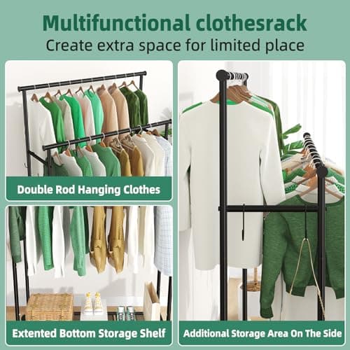 Ekisemio Double Rods Clothes Rack with Wheels Load 400 LBS, 45 Inch Rolling Clothing Rack for Hanging Clothes, Heavy Duty Garment Rack with Shelves, Metal Portable Closet, Black 5