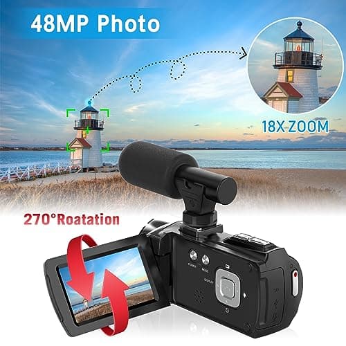 Rumyums Video Camera Camcorder UHD 4K 48 MP Vlogging Camera Recorder for YouTube TikTok 3 Inch IPS Screen 18X Zoom Camcorders Camera with Microphone for Kids,Teens,Students,Beginners (Black) 7