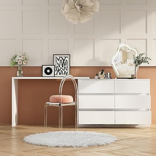 Hitow 6 Drawer Double Dresser with Deformable Workstation, Wood Dresser Chest with Multifunctional Tabletop, Storage Chest of Drawers for Bedroom Nursery, White (51.2" W x 15.7" D x 31.5" H)