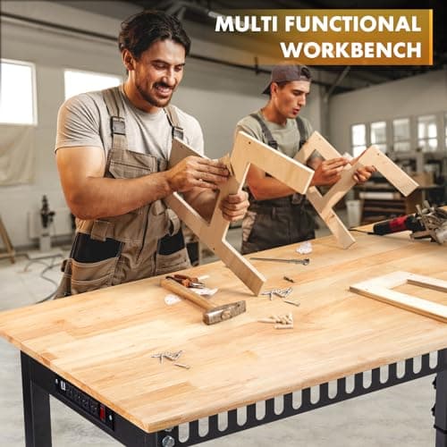 48" Height Adjustable Workbench, 2000 LBS Load Capacity Rubber Wood Top Workstation with Power Outlet and Foot Pads, Heavy-Duty Hardwood Worktable for Garage Workshop (with Foot Pads and Socket,48'') 6