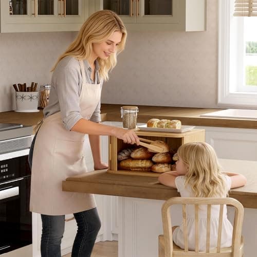 WOWLIVE Bread Box for Kitchen Countertop, Large Roll Top Bread Boxes with Sliding Door, Airtight Bread Storage Container for Loaves, Pastries & Bagels, Bamboo Counter Organizer (Natural, Medium) 7