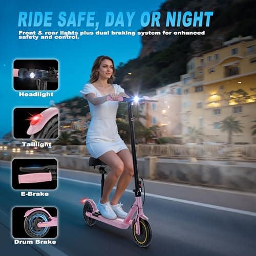 Electric Scooter, Folding E Scooter for Adults with Seat, 350W Motor, 8.5" Solid Tires, Cruise Control, 19MPH, 21Mile Range Portable Teens Commuter Escooter, Dual Brake 5