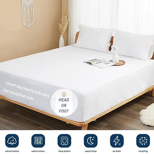 Sunflower Queen Fitted Sheet, 1-Piece Extra Deep Pocket Fitted Bottom Sheet 22", 100% Cotton Sateen Soft Breathable, White 6