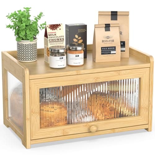 BAMBANG Bamboo Bread Box for Kitchen Countertop, Extra Large Farmhouse Bread Box with 4-Side Clear Panels, Wooden Bread Storage Container for Homemade Bread, Natural