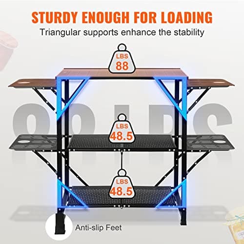 VEVOR Camping Kitchen Table, Aluminum Folding Portable Outdoor Cook Station with 4 Iron Side, 2 Shelves & Carrying Bag, Quick Installation for Picnic BBQ Beach Traveling 8