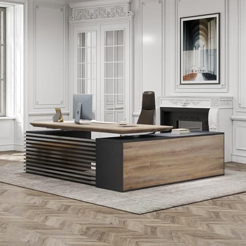 ONNAHOMEStlyle 70.87IN Adjustable Heigh L Shaped Executive Desk w/Cabinet Storage, Modern Computer Standing Home Office Desk w/File Cabinet, AC/USB, Large Writing Table Business Workstation 6