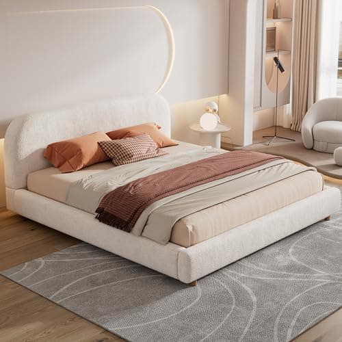 Merax King Size Teddy Fleece Thick Fabric Upholstered Platform Bed with Curved Shaped Headboard, Wood Bed Frame with Solid Round Legs for Kids Teens Adults, White