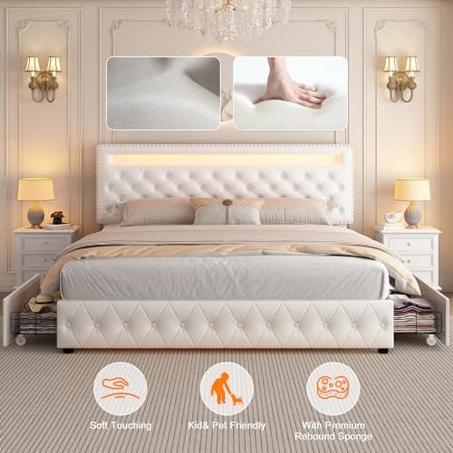 Queen Led Bed Frame with 4 Storage Drawers, with Smart Control RGBW LED Lights Headboard Footboard, Control DIY Color, Box Spring Optional, PU White 6