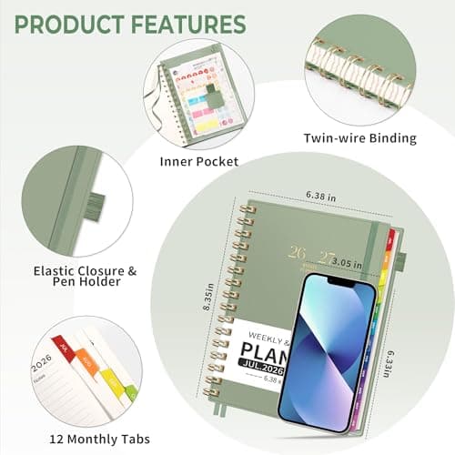 EMSHOI Academic Planner 2026-2027, Weekly and Monthly Calendar (July 2026 - June 2027), School Student Teacher Agenda Book, 100GSM Paper, PVC Cover, Colorful Tabs, A5 (6.38" x 8.35"), Light Green 6