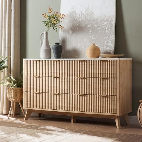 T4TREAM Fluted 6 Drawers Dresser, 54" Wide Modern Chest of Drawers with Faux Marble Top, Curved Profile Design, Dresser TV Stand, Wood Drawer Organizer for Bedroom, Living Room, Hallway, Natural Oak