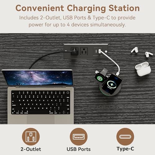 Farmhouse 57" Lift Desktop Executive Desk with 6 Drawers and Charging Station, Wood Home Office Computer Desk with File Cabinet Storage, Keyboard Tray,Headphone hook for Work,Study, Antique White 5