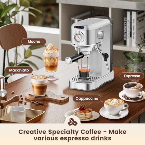 ANYCOLD Espresso Machine 20 Bar, Compact Espresso Maker, Stainless Steel Expresso Coffee Machines with Steam Milk Frother & 34oz Removable Water Tank for Cappuccino, Latte, Home Office Use, Silver 9