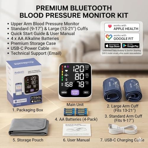 Andesfit Upper Arm Blood Pressure Monitor for Home Use 17" Large & 21" XL Extra Large Cuff Big arm, Free APP Bluetooth Sync Apple Health Track Google Fit, Large Display Smart BP Machine for Seniors 6