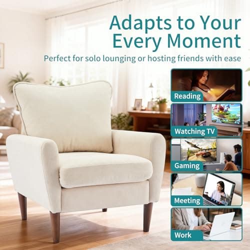 OLIXIS Comfy Accent Chair for Living Room Bedroom and Waiting Room, Upholstered Mid-Century Reading Chair with Pillow and Solid Wood Legs, Wide Singe Modern Lounge Sofa (Beige) 6
