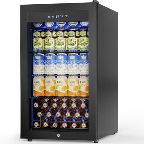 Velivi Mini Fridge 3.2 Cu.Ft Small Beverage Refrigerator 126 Can Lockable Drink Cooler with Glass Door, Safety Lock, for Beer Soda Black
