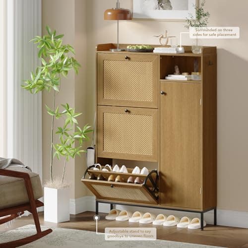 Shoe Cabinet, Natural Rattan Freestanding Shoe Organizer with 3 Flip-out Drawers and 4 Open Shelves Side Cabinet, Slim Wood Shoe Rack with Metal Legs for Entryway, Hallway, Living Room (Natural Color) 3