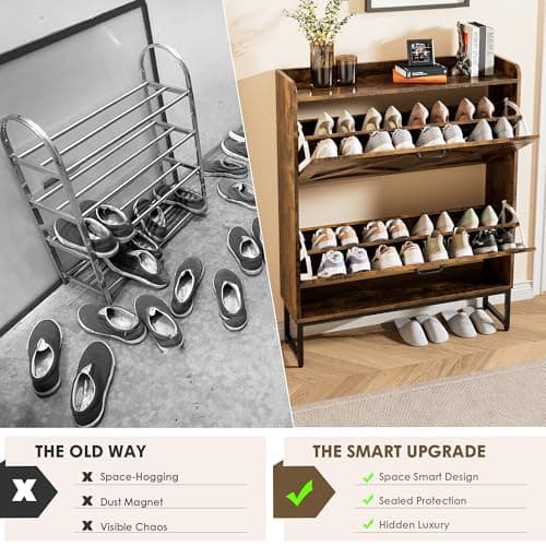 Nicetree Shoe Cabinet Organizer with 2 Flip Drawers, Freestanding Narrow Rack with Metal Legs, Farmhouse Slim Shoe Storage for Entryway, Foyer, Hallway, Rustic Brown 8