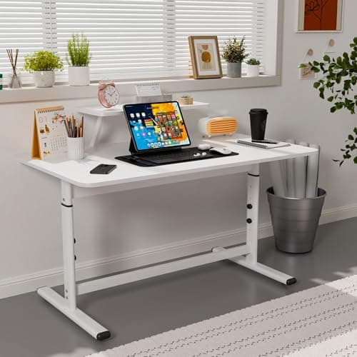 ENPKLUTE Computer Desk with Monitor Shelf, 48 Inch Manual Standing Desk Adjustable Height, Ergonomic Rising Desks for Home Office, Simple Writing Study Sit Stand Up Desks for Bedroom, White 7