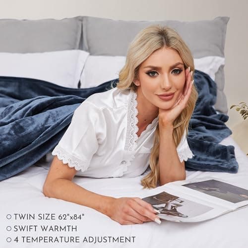 ONDAN Electric Heated Blanket 62"x84" Twin Size Flannel Heated Blanket, Cozy & Warm for All Night, 4 Heat Settings & 10 Hours Auto Off, Machine Washable,Dark Blue 7