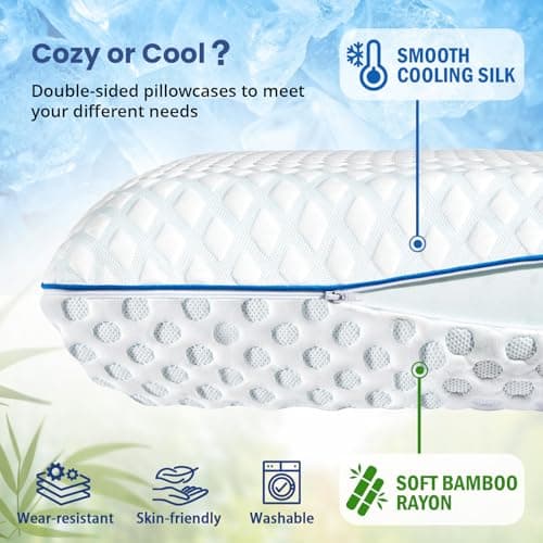 Cooling Gel Memory Foam Pillows for Sleeping, Bamboo Rayon Bed Pillow for Back Side Sleeper,Medium Firm Contoured Support, Neck Shoulder Pain Relief Washable Breathable Cover Dorm Twin XL Travel 9