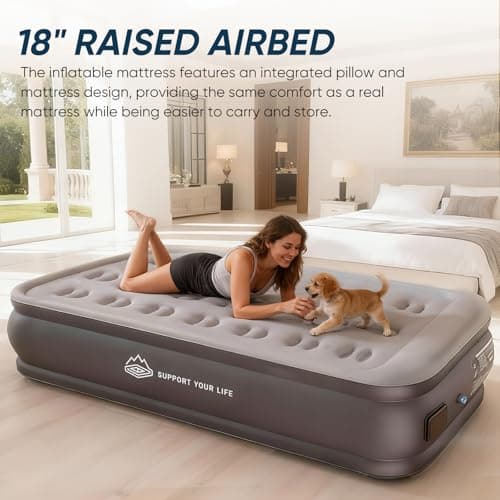 JUITOY Twin Air Mattress with Built in Pump Newly Upgraded one-Touch air Mattress with pillowNo Peculiar Smell for Camping,Home,Guests & Portable Travel,18"/440lbs Max Blow Up Bed Gray 6