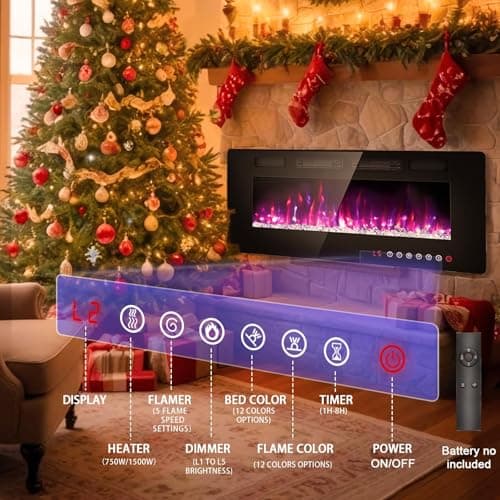 BREEZEHEAT 50 Inch Electric Fireplace Ultra Thin-Freestanding or Recessed Wall Mounted Fireplace Heater, Remote Control, Touch Screen, 750W/1500W, 8H Timer for Living Room, Bedroom, Office 5