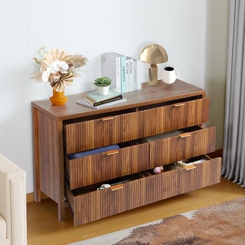 6 Drawer Dresser Cabinet, Long Nightstand with Drawers and Storage Cabinet, Farmhouse Solid Wood Dresser TV Stand, Mid Century Modern Nightstand with 6 Drawer Side Table for Bedroom Closet (Walnut) 10