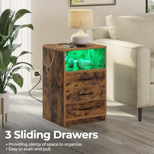 Seventable Nightstand with Wireless Charging Station and LED Lights, Rustic End Side Table with 3 Drawers and Open Compartment for Bedroom, Rustic Brown 7