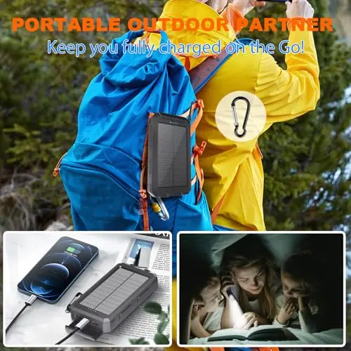 Power Bank Solar Charger 20,000mAh, Portable Phone Charger, 4 Cables Outdoor Waterproof External Backup Power Charger with USB-C for Cell Phones, Solar Battery Pack with Dual Flashlight for Camping 8