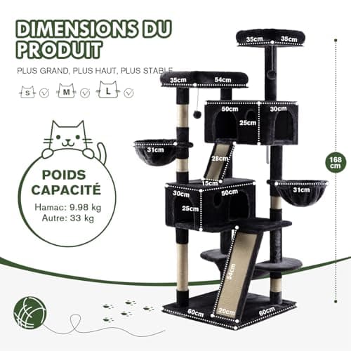 MUTICOR 66 Inches Multi-Level Large Cat Tree Tower for Indoor Big Feline/Cozy Plush Perches/Condo/Sisal Scratching Posts/Hammock and Baskets/Activity Center Play House/Wide Base/Dark Grey 8