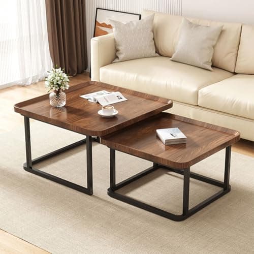Nesting Coffee Table Set of 2, 23.6"+19.7" Square Stacking Side Table, Modern Rustic Small Center Table for Living Room, Bedroom, Yard（Walnut Color）