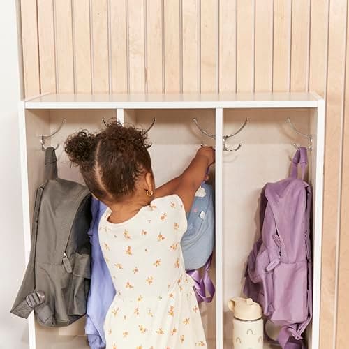 ECR4Kids Streamline 3-Section Toddler Coat Locker with Bench, Classroom Furniture, White Wash 9