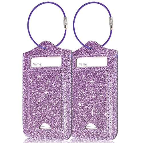ACdream Luggage Tags 2 Pack, Leather Suitcase Tags Identifiers, Cute Cruise ID Labels with Privacy Cover fits on Backpack, Travel Bag, for Women, Men, Adults, Kids, Glitter Purple
